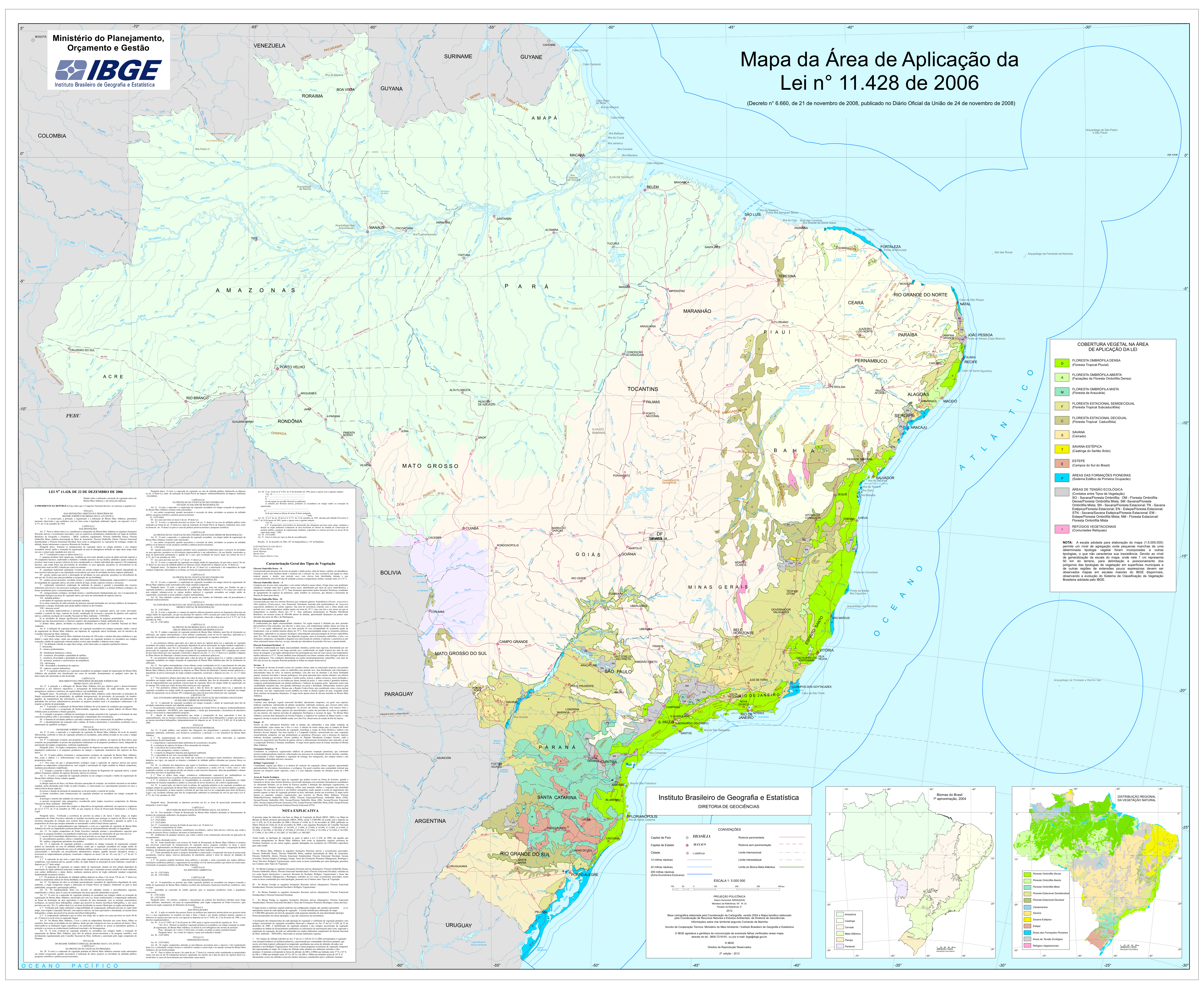 Mapa do Brasil com a área de aplicação da Lei do Bioma Mata Atlântica destacada ao longo da faixa litorânea e do interior do Sul e Sudeste.