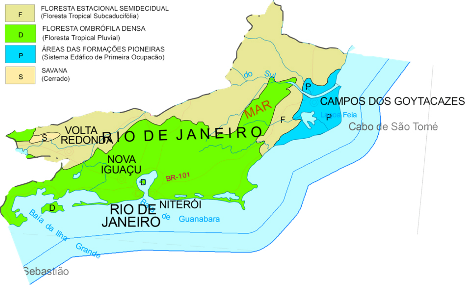 Mapa do estado do Rio de Janeiro inteiramente coberto pela área de aplicação da Lei do Bioma Mata Atlântica.