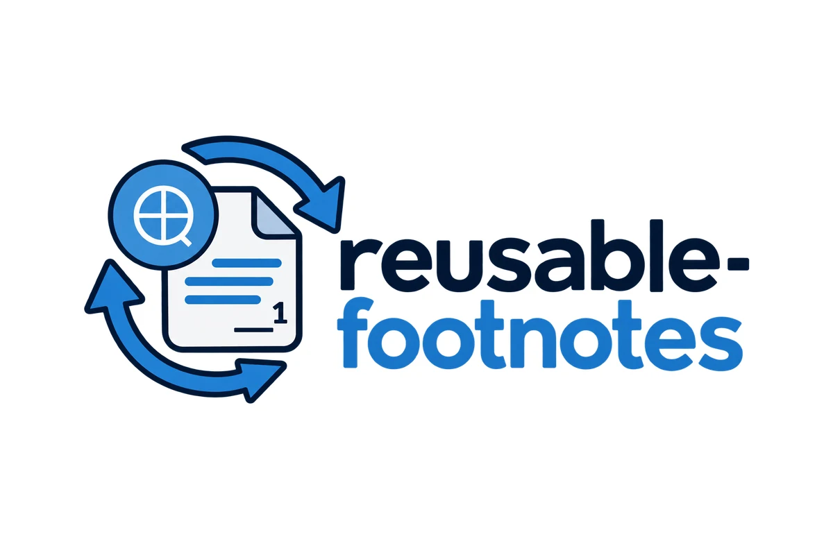reusable-footnotes logo: a document with footnote number 1 and a magnifier with the Quarto symbol, circled by arrows, beside the extension name